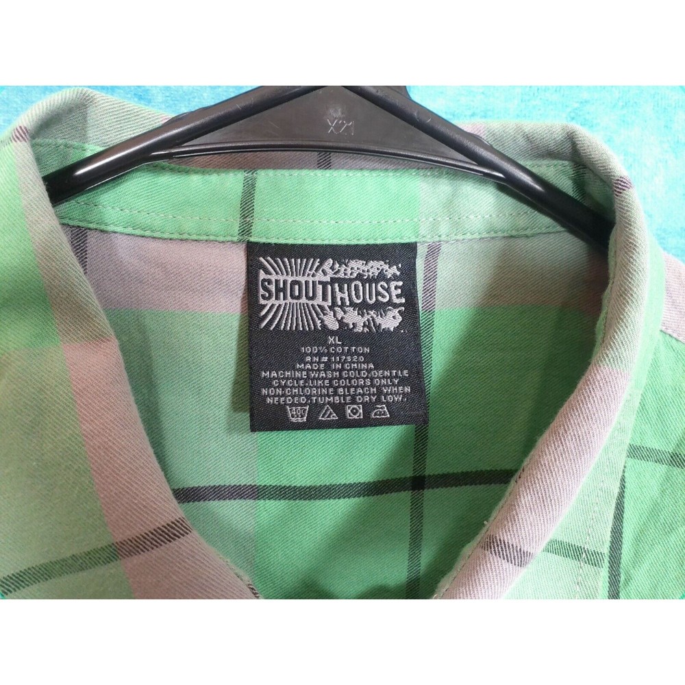 ShoutHouse Button Up Long Sleeve Men's Shirt, Green/Gray Plaid, Size XL - Picture 3 of 3